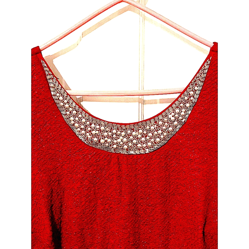 UNWORN VINTAGE GOWN Elegant Deep Red Shimmer Gown With Pearl & Beaded Neckline